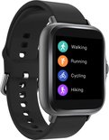Zwarte smartwatch met sportactiviteiten menu: Wandelen, Rennen, Fietsen, Hiken.