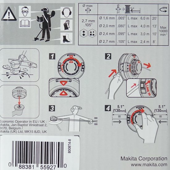 Makita 191D89-4 Snelvul draadkop 2x2,0mm T+G M10x1,25L van Makita — afbeelding 2