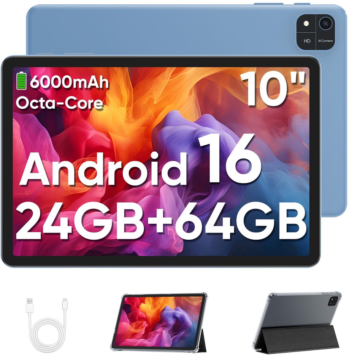 TUOHAITIME Android 16 tablet 10 inch, 24 GB RAM + 64 GB ROM 2 TB uitbreidbare tablet, schermresolutie 1280p, Unisoc - ShopVlot