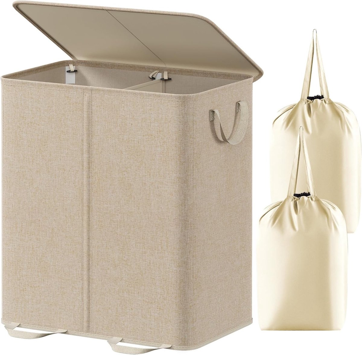 Grote Vouwbare Wasmand met Deksel en Afneembare Waszakken, 2 Compartimenten, Handvatten voor Slaapkamer, Badkamer en Studenten, 155L, Beige