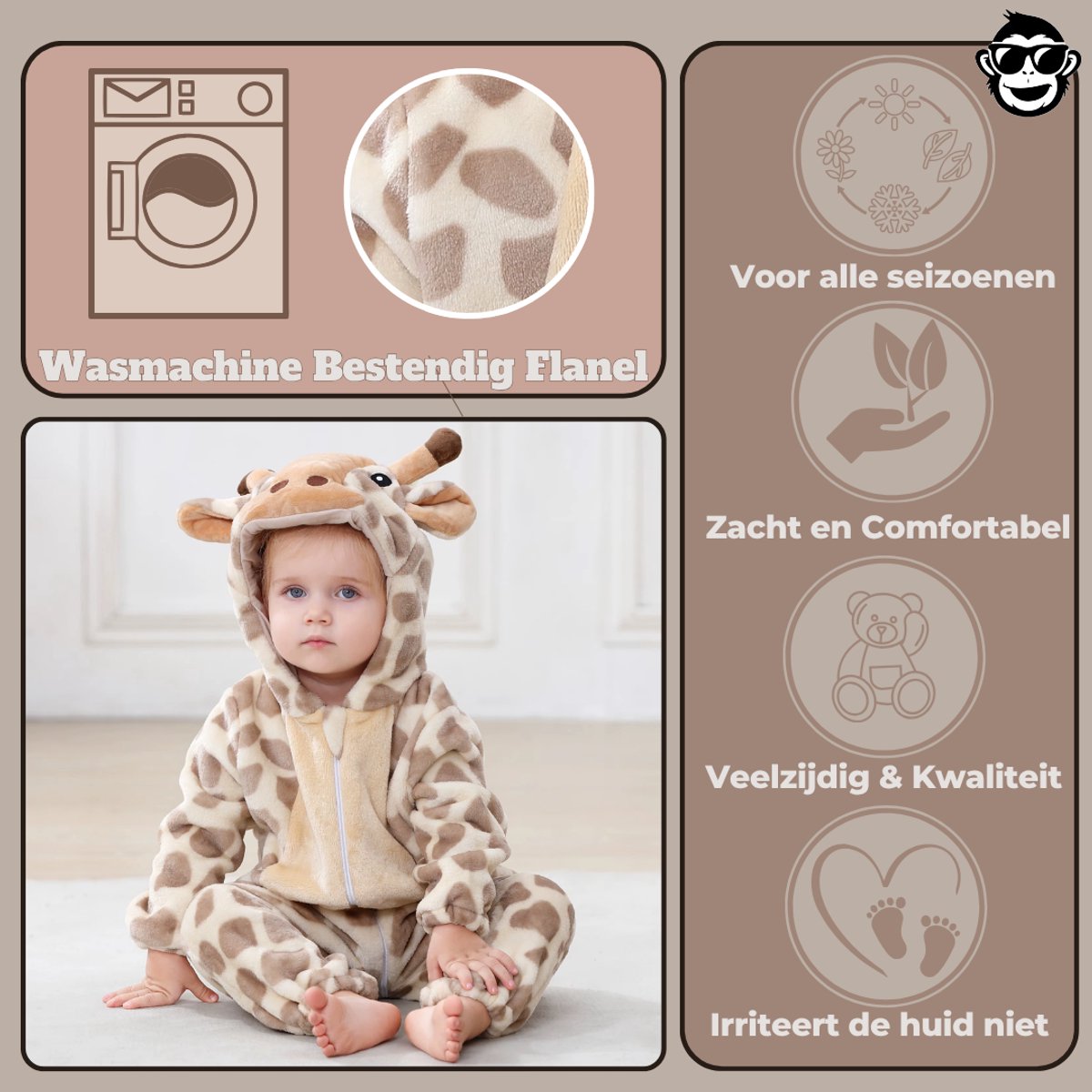BoefieBoef Dieren Baby Onesie Giraffe Peuter Pyjama Kinderen 6 maanden tot 2 jaar – Verkleedkleding met Luierrits – Carnaval Dierenpak - Verjaardag- en Kraamcadeau – Flanel - Romper - Boxpak - Jongens - Meisjes - Kruippak - Giraf Bruin — afbeelding 13