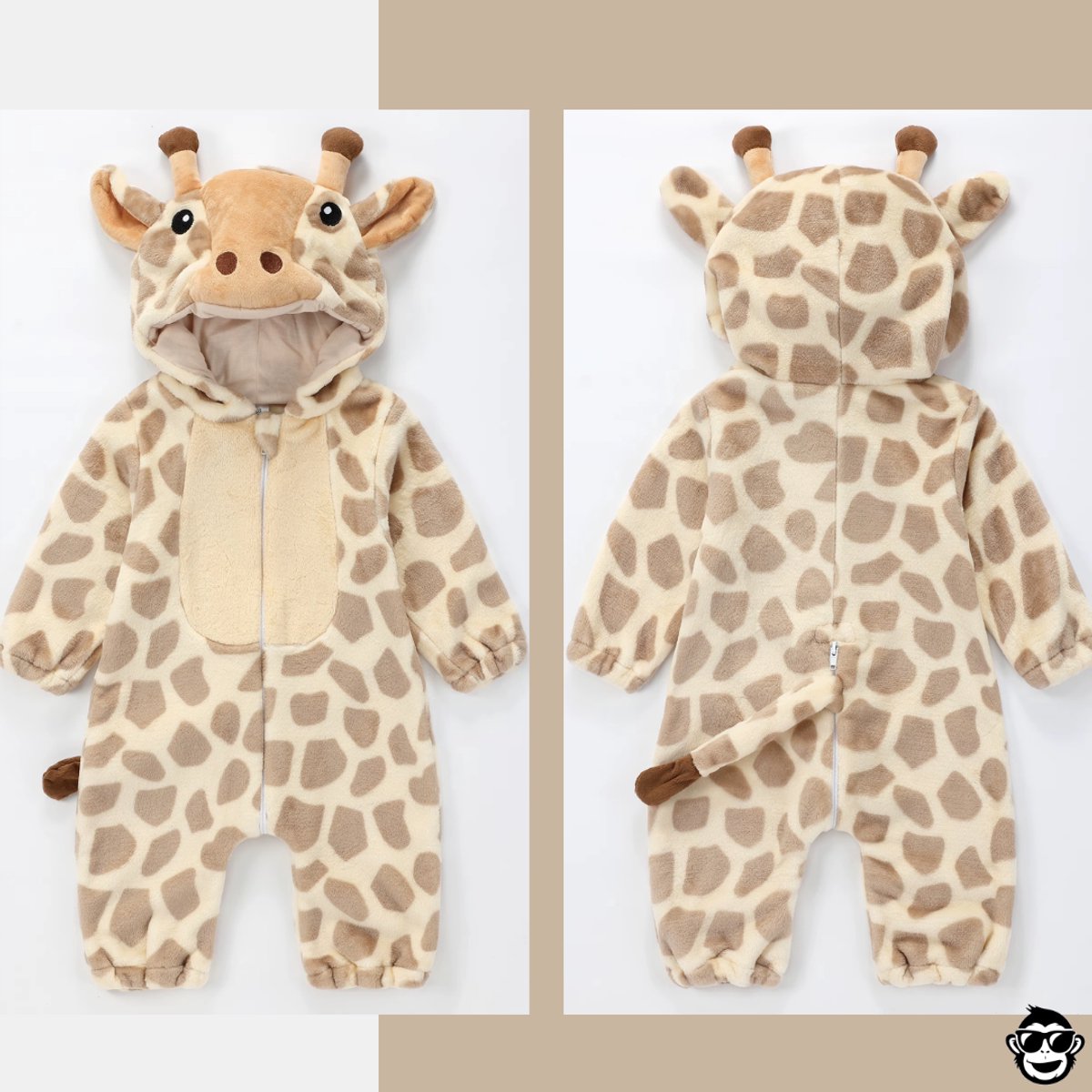 BoefieBoef Dieren Baby Onesie Giraffe Peuter Pyjama Kinderen 6 maanden tot 2 jaar – Verkleedkleding met Luierrits – Carnaval Dierenpak - Verjaardag- en Kraamcadeau – Flanel - Romper - Boxpak - Jongens - Meisjes - Kruippak - Giraf Bruin — afbeelding 9