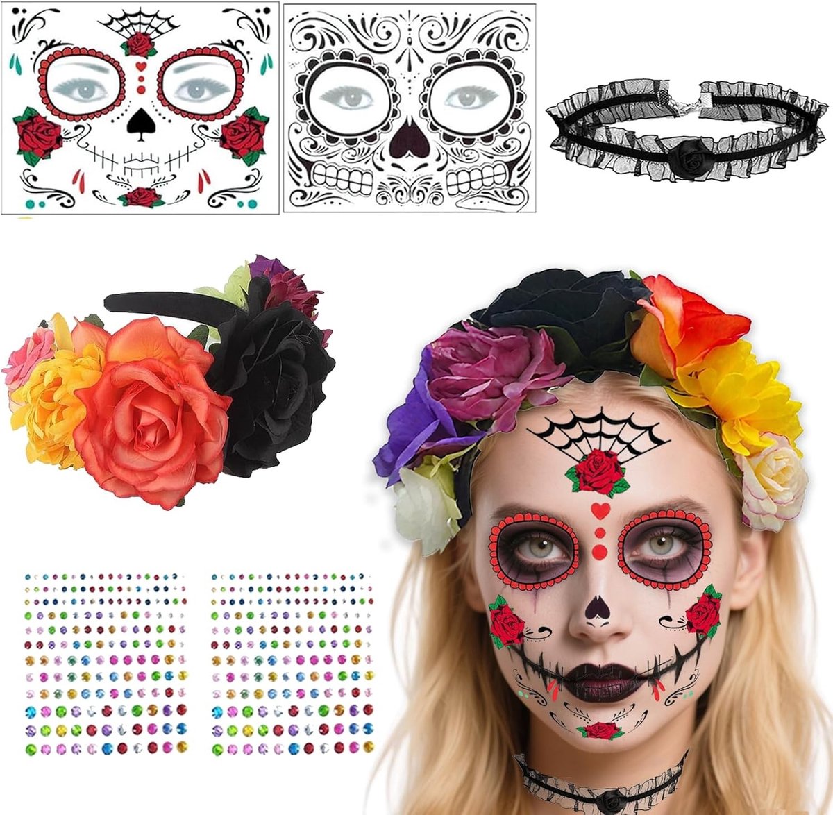 Kostuumset voor Halloween met 6 delen, inclusief rozen haarband, gekleurde diamanten stickers en bloemenketting voor Dia de los Muertos en carnaval feest.