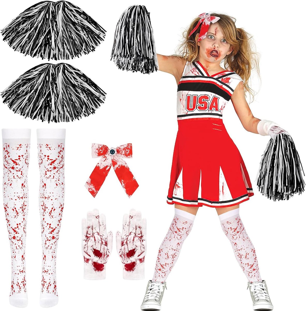 Zombie Cheerleader Kostuum Accessoires voor Meisjes met Pompoms, Handschoenen, Haarstrikken en Kousen voor Halloween en Carnaval