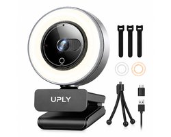 UPLY Webcam voor PC - 2K met Ringlamp en Microfoon - 6 Instelbare Lichtstanden, Privacy Cover en Statief - Plug & Play voor Windows en Mac