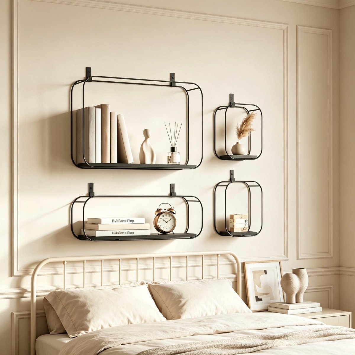 REDOM - Wandplanken set - 4-delig - Industrieel ontwerp - Wandmontage - MDF en metaal - Zwart - 43 x 12 x 32 cm
