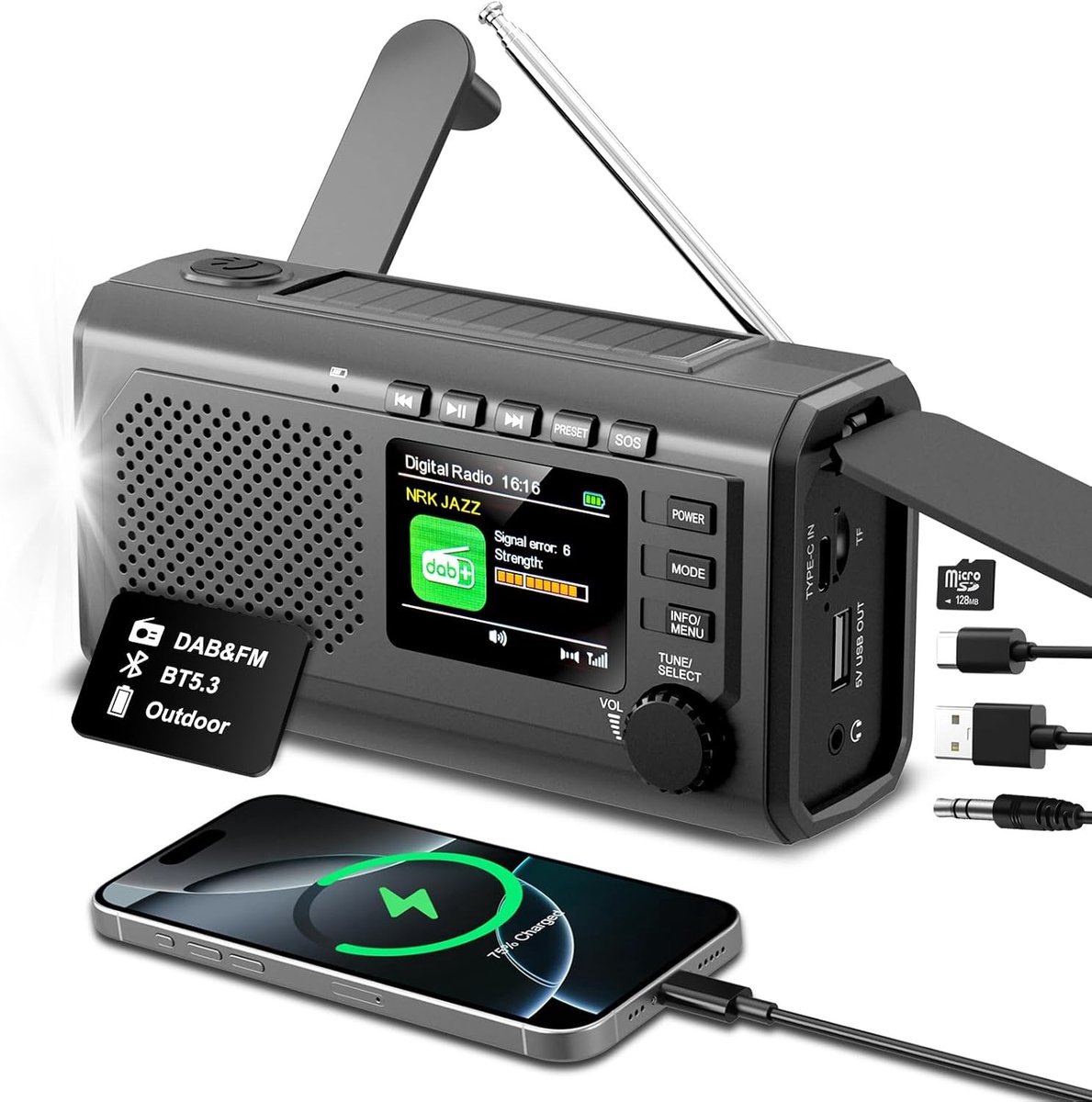 DAB+/FM-radio - Zwart - Draagbare Digitale Radio met Bluetooth en Zonne-energie - Voor Thuis en Buiten