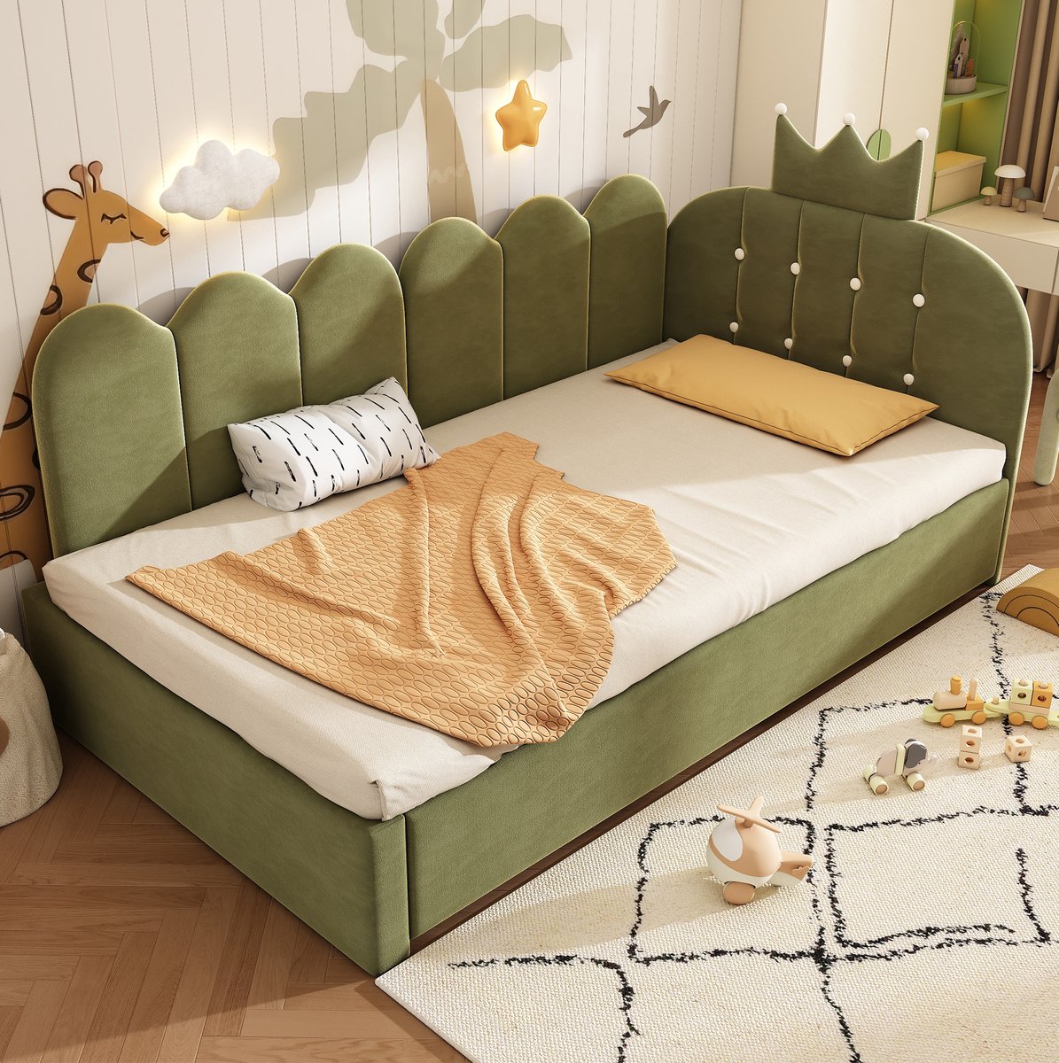 COVREO Bedbank met uitziehbed – 203x98x95 cm – Slaapbank van stof en metaal – kinderkamer en logeerkamer – Groen - zonder matras Green