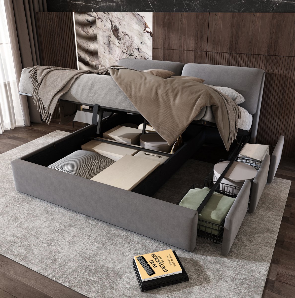 COVREO Bedframe met 3 lades en opbergruimte – 210x180 cm – Gestoffeerd bed met hoofdbord – voor volwassenen – Grijs - zonder matras