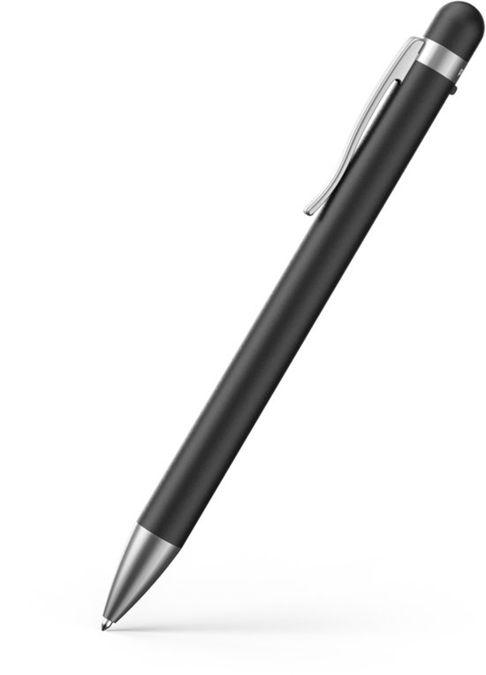 Zwarte pen met zilverkleurige clip en punt. De pen heeft een matzwarte behuizing.