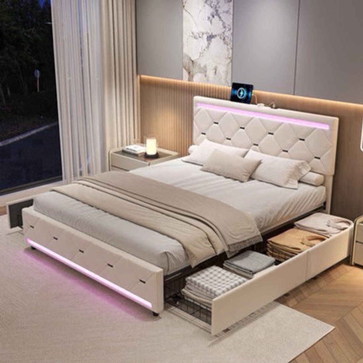 Bedbank – Slaapbank – Logeerbed – Sofa – 2-Persoonsbed – Met LED Hoofdbord – 4 Laden Opbergruimte – 140x200 cm – USB Oplaadfunctie