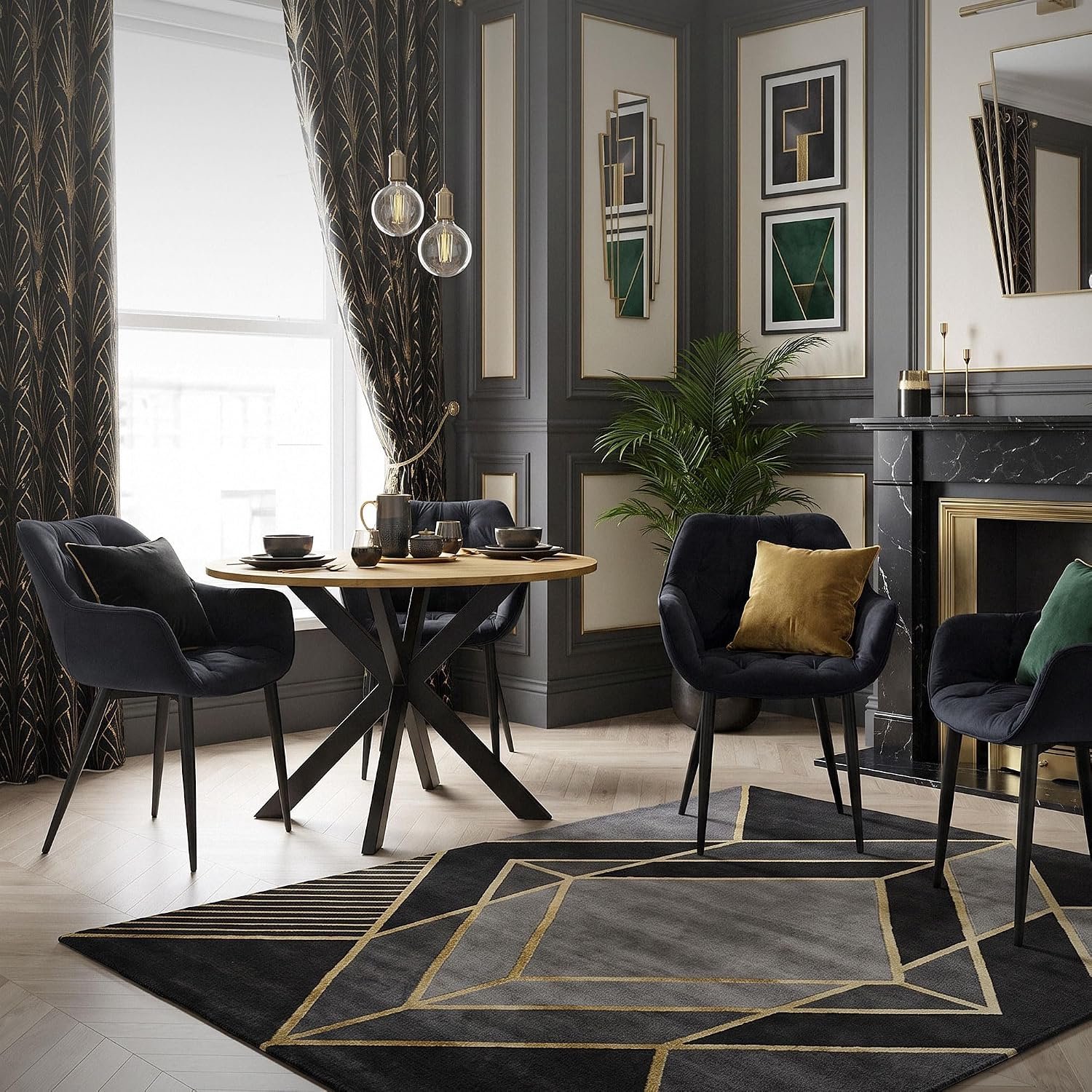 Luxe Fluwelen Eetkamerstoelen met Armleuningen – Set van 2 Zwarte Gestoffeerde Stoelen met Metalen Poten, Ergonomische Rugleuning en Gewatteerde Zitting voor Eetkamer en Woonkamer 60 x 67 x 83 cm