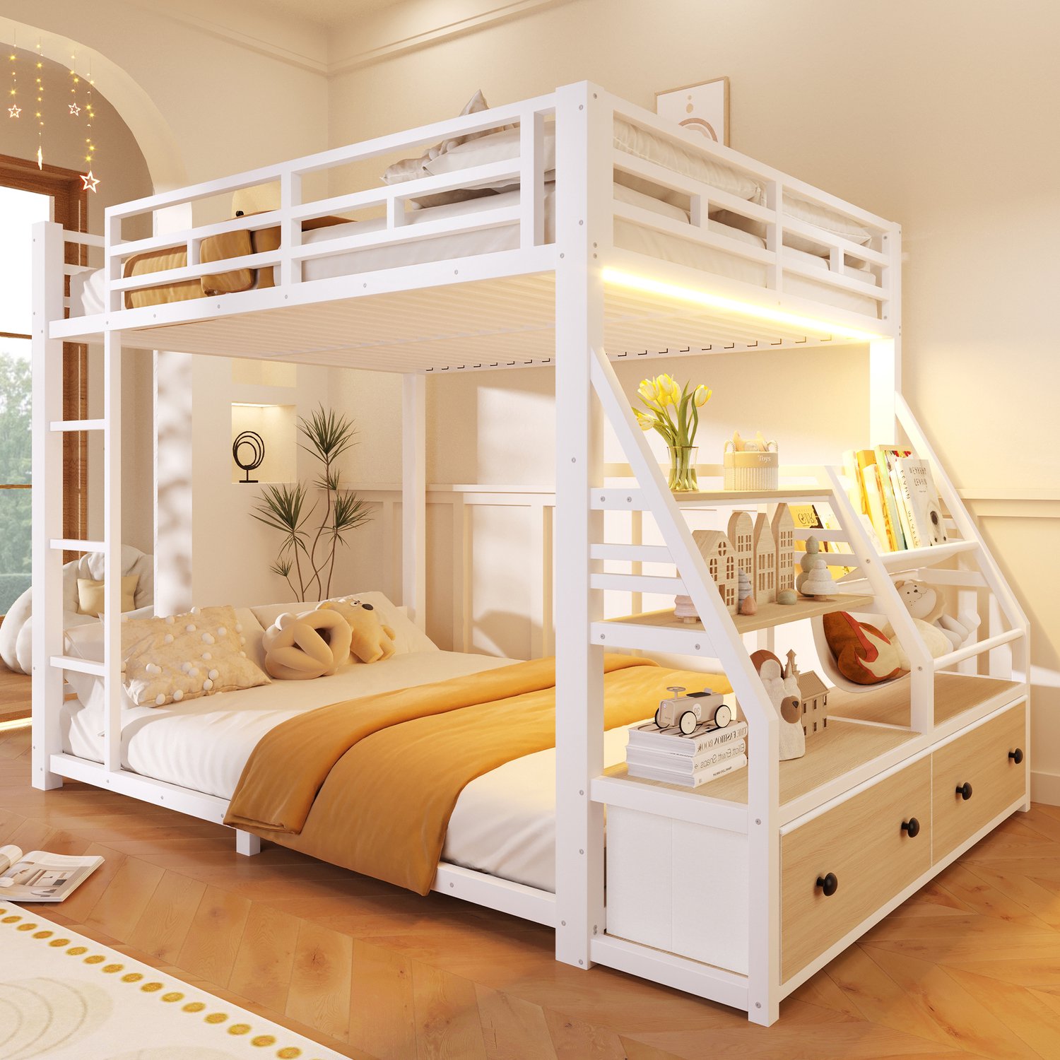 Metalen stapelbed (140x200cm) met LED-verlichting, met 2 stoffen lades, Kinderbed, Tweepersoonsbed
