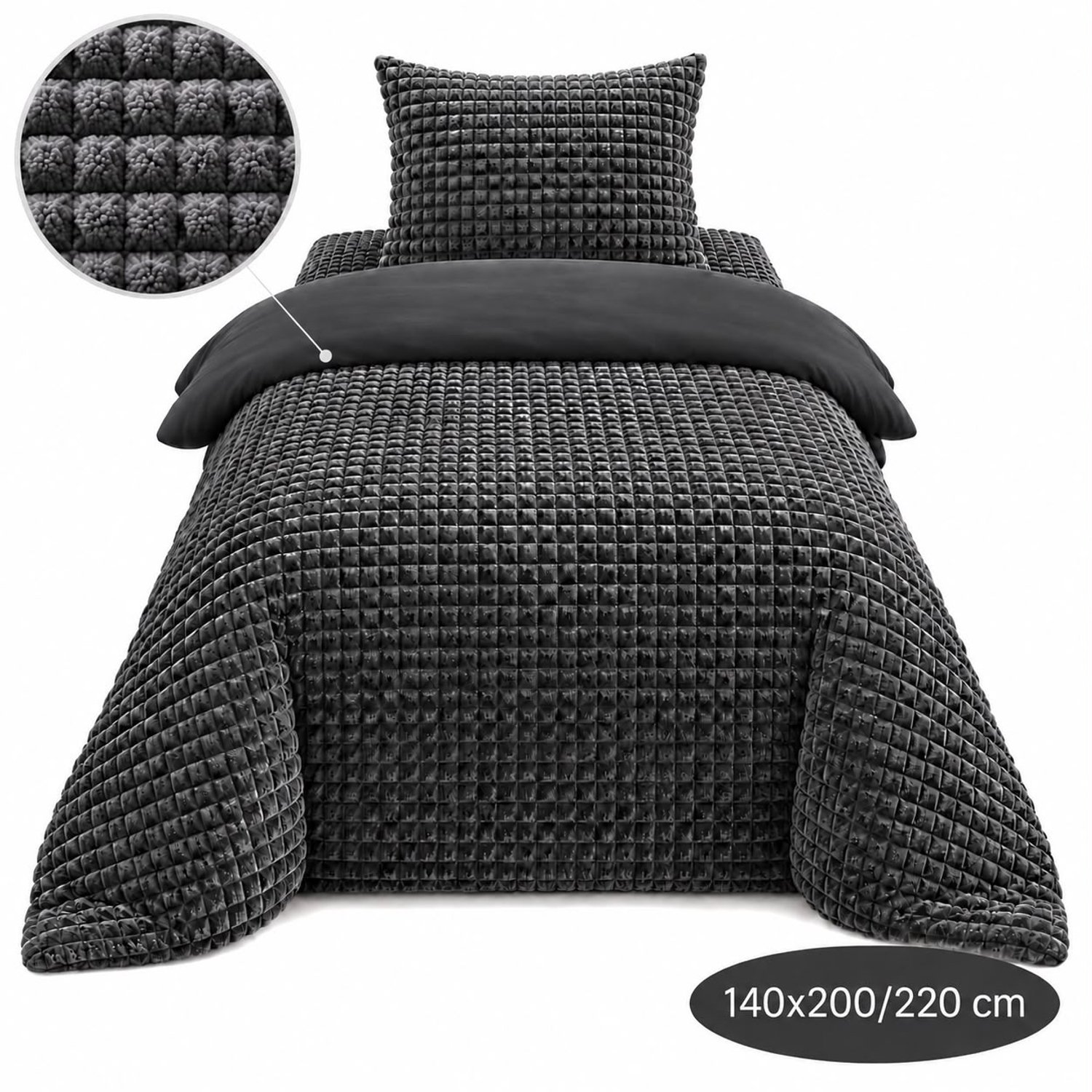 Roden Blue - Popcorn fleece dekbedovertrek set - 140x200/220 cm - Antraciet - Zacht - Anti-allergeen - Wasbaar