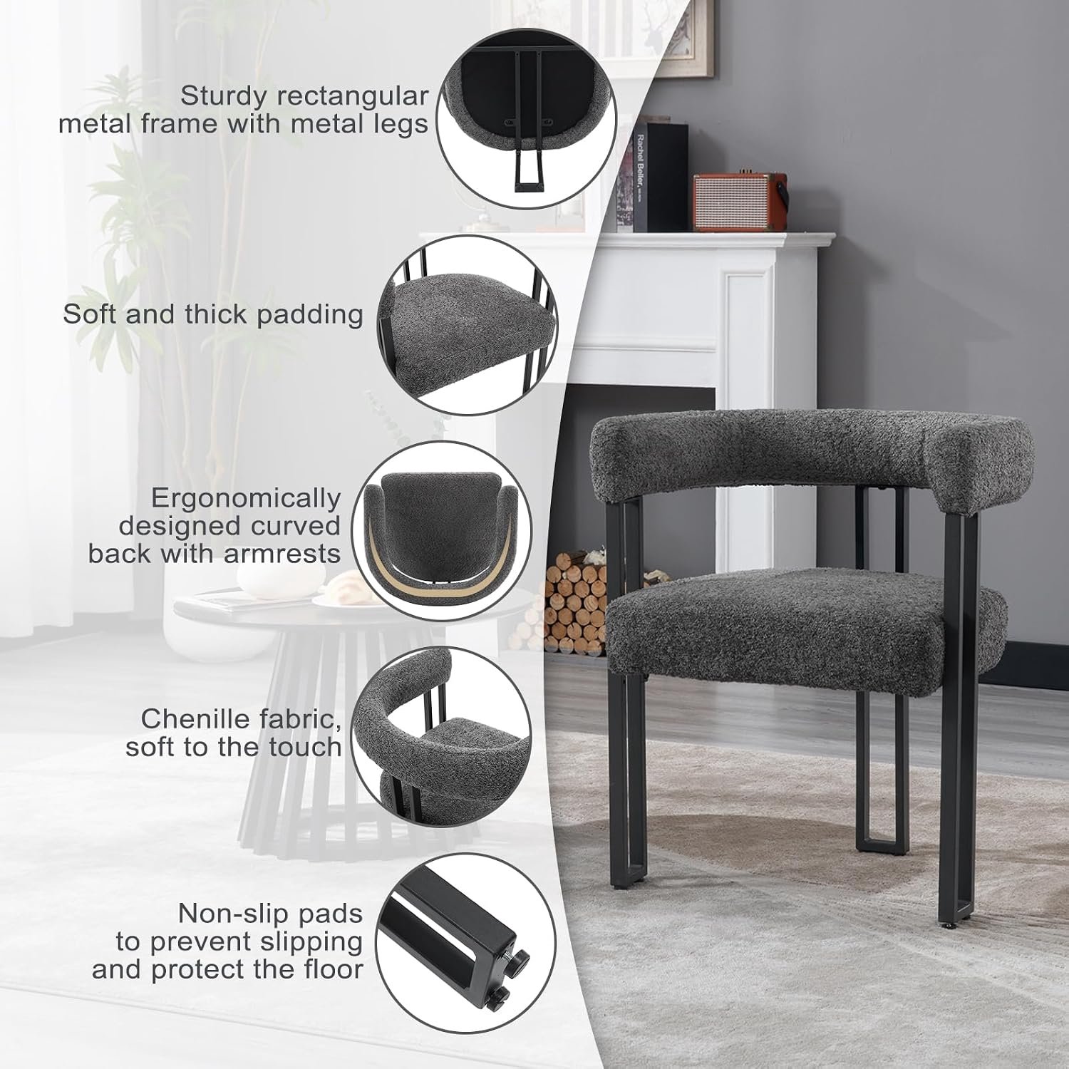 Moderne Eetkamerstoelen met Armleuningen Set van 2 – Donkergrijze Chenille Gestoffeerde Kuipstoelen met Metalen Poten, Ergonomische Rugleuning, Zachte Zitkussens en Verstelbare Antislipvoetjes voor Eetkamer, Woonkamer en Slaapkamer