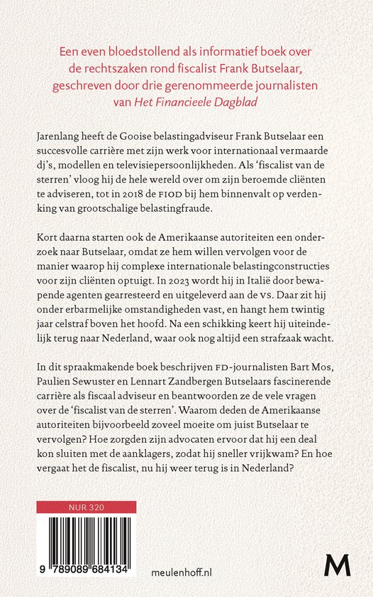 Achterzijde van het boek De fiscalist van de sterren met een samenvatting over Frank Butselaar en een streepjescode.