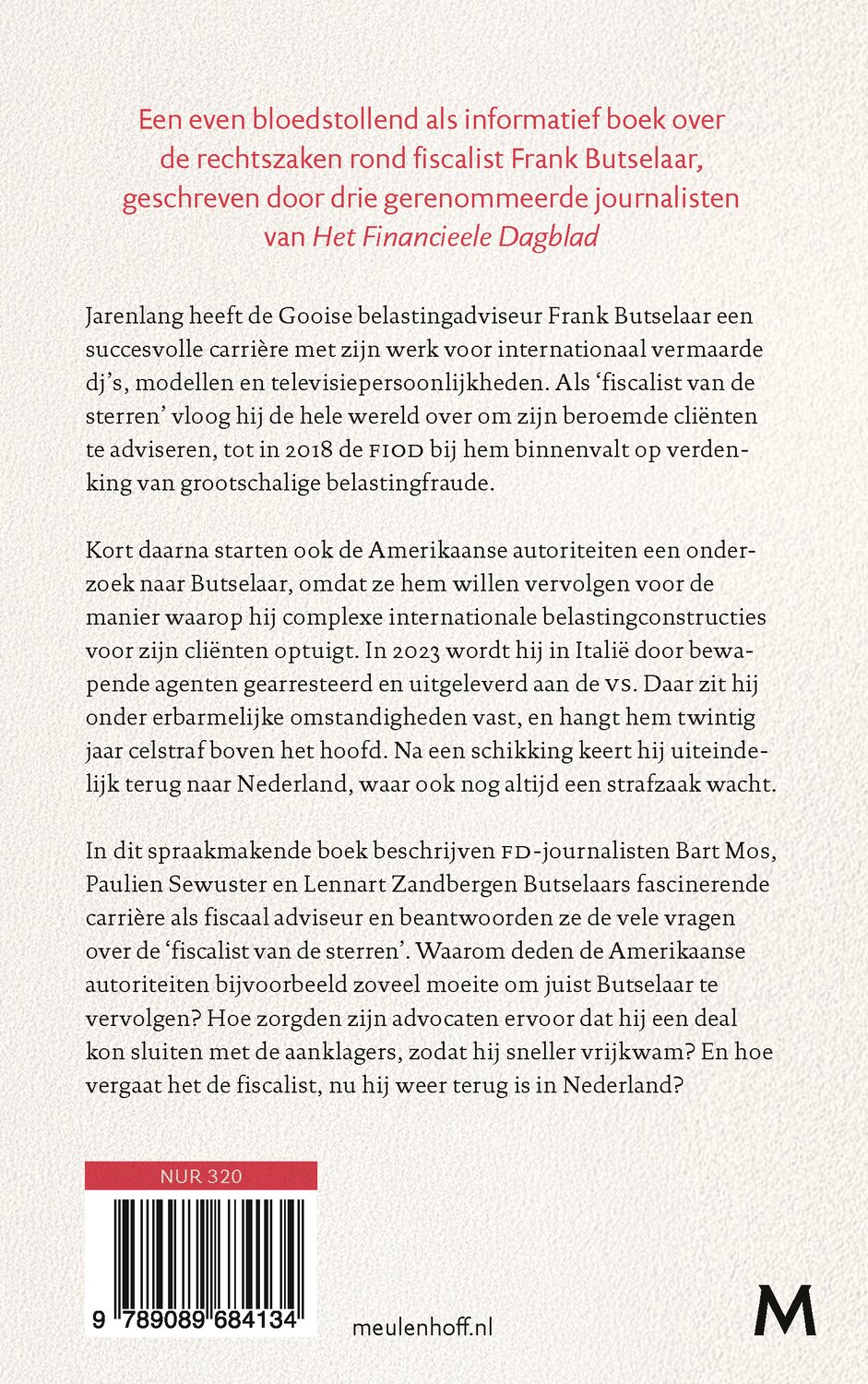 Achterzijde van het boek De fiscalist van de sterren met een samenvatting over Frank Butselaar en een streepjescode.