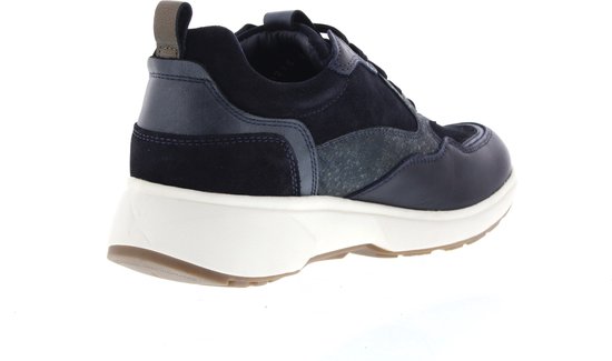 Donkerblauwe Xsensible damessneakers met witte zool, ritssluiting en veters, van achteren gezien.