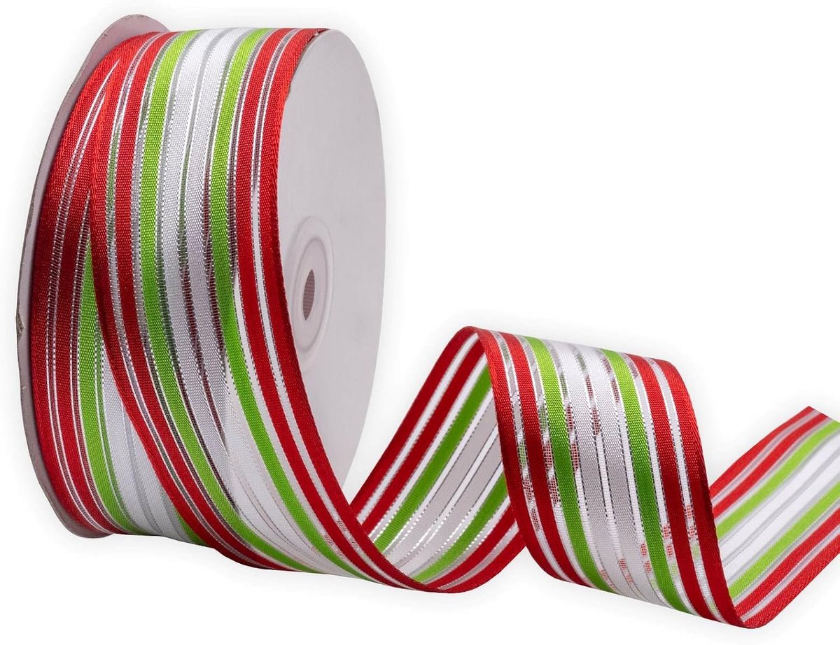 Doorschijnend lint rood/groen/wit strepen lint, 3,5 cm x 50 m, gebruik voor doe-het-zelf cadeauverpakking, krans bloemstuk, strik, decoratie