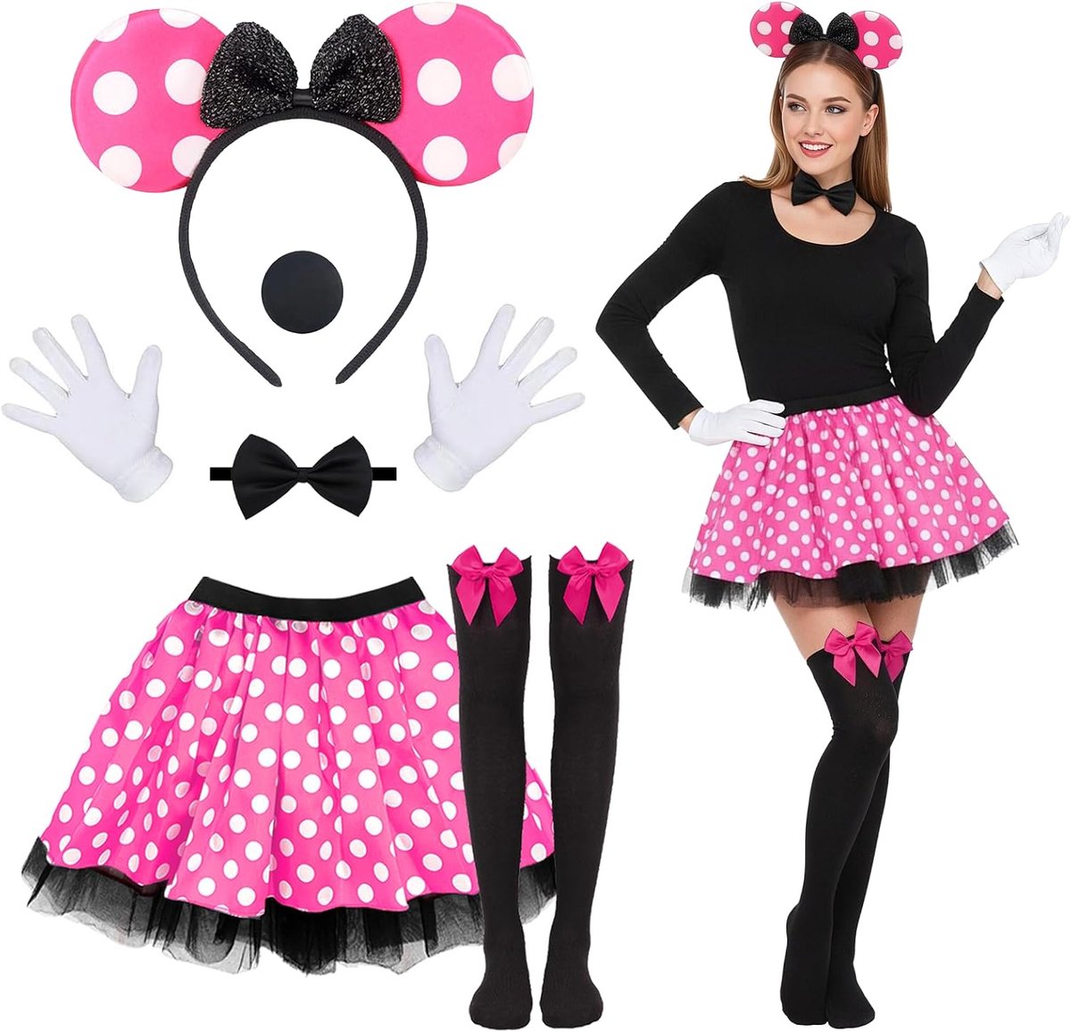 6 stuks muiskostuum voor meisjes vrouwen, schattig miniMouse verkleedkostuum voor volwassenen, muis oren hoofdband + rode tutu rok + neus + vlinderdas + handschoenen + sokken voor cosplay