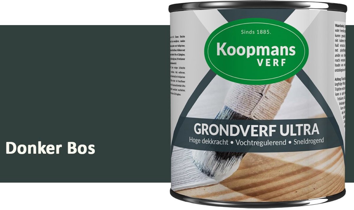 Koopmans Grondverf Ultra – Grondverf Hout & Metaal Binnen en Buiten – Vochtregulerende Primer – Hoge Dekking – Zijdeglans – Donker Bos – 1,5 l