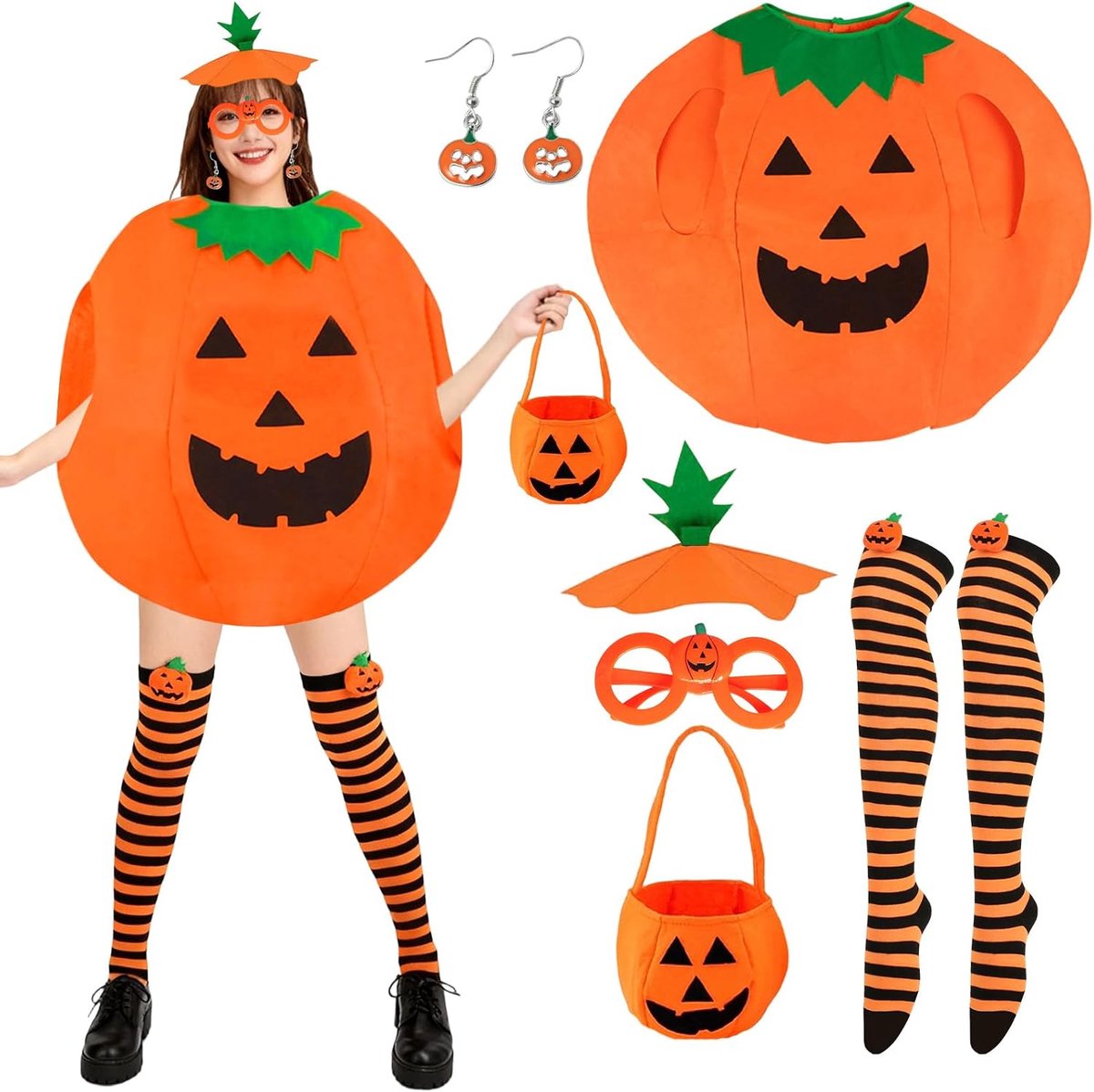 Kostuum pompoen volwassenen, 6 stuks pompoenkostuum dames met pompoenhoed, snoepzak, pompoenoorbellen, ringsokken, pompoenbril voor Halloween, carnaval, cosplay