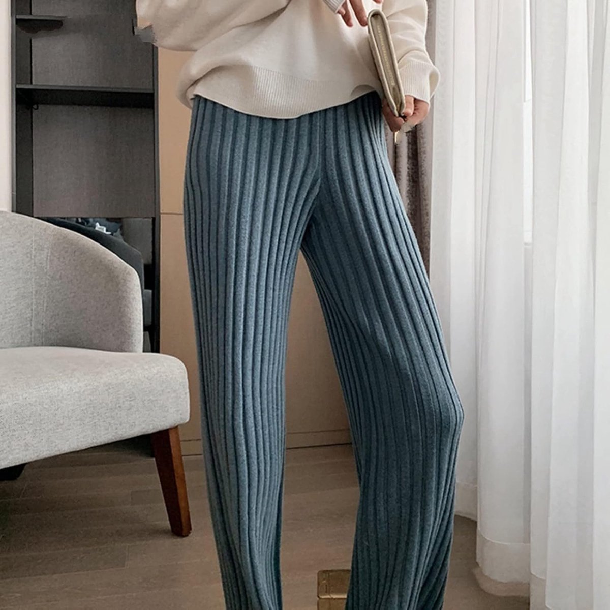 Gebreide Rechte Broek - Dames Wijde Pijpen Broek Herfst Winter Warm Gestreept Gebreid Mode Effen Kleur Stretch Hoge Taille Losse Wijde Pijpen Broek Dames Streetwear Kerst Nieuwjaar Geschenken