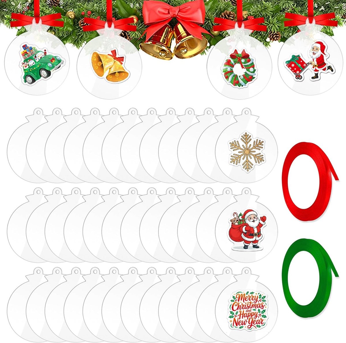 36 Stuks Acrylaat Kerstballen van 7,5 cm met 2 Rollen Lint, Creatieve DIY Kerstdecoraties voor Feestdagen en Versieringen