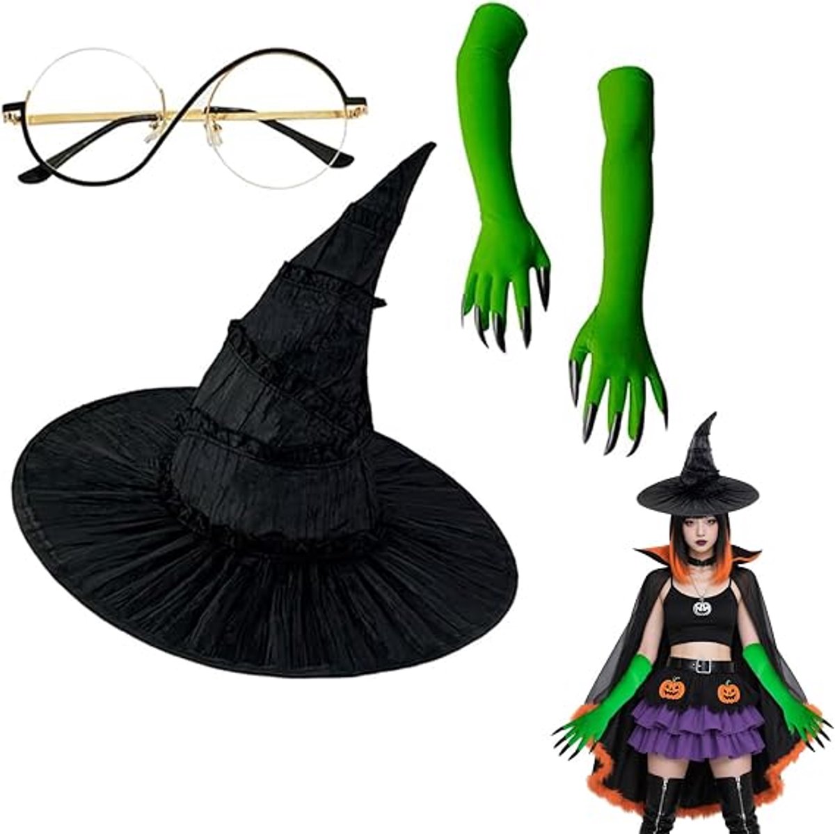 Dames Halloween Kostuum - Zwarte Heksenhoed met Bril en Groene Handschoenen - Voor Filmcosplay en Rollenspelfeest - 1 Set (3 Stuks)