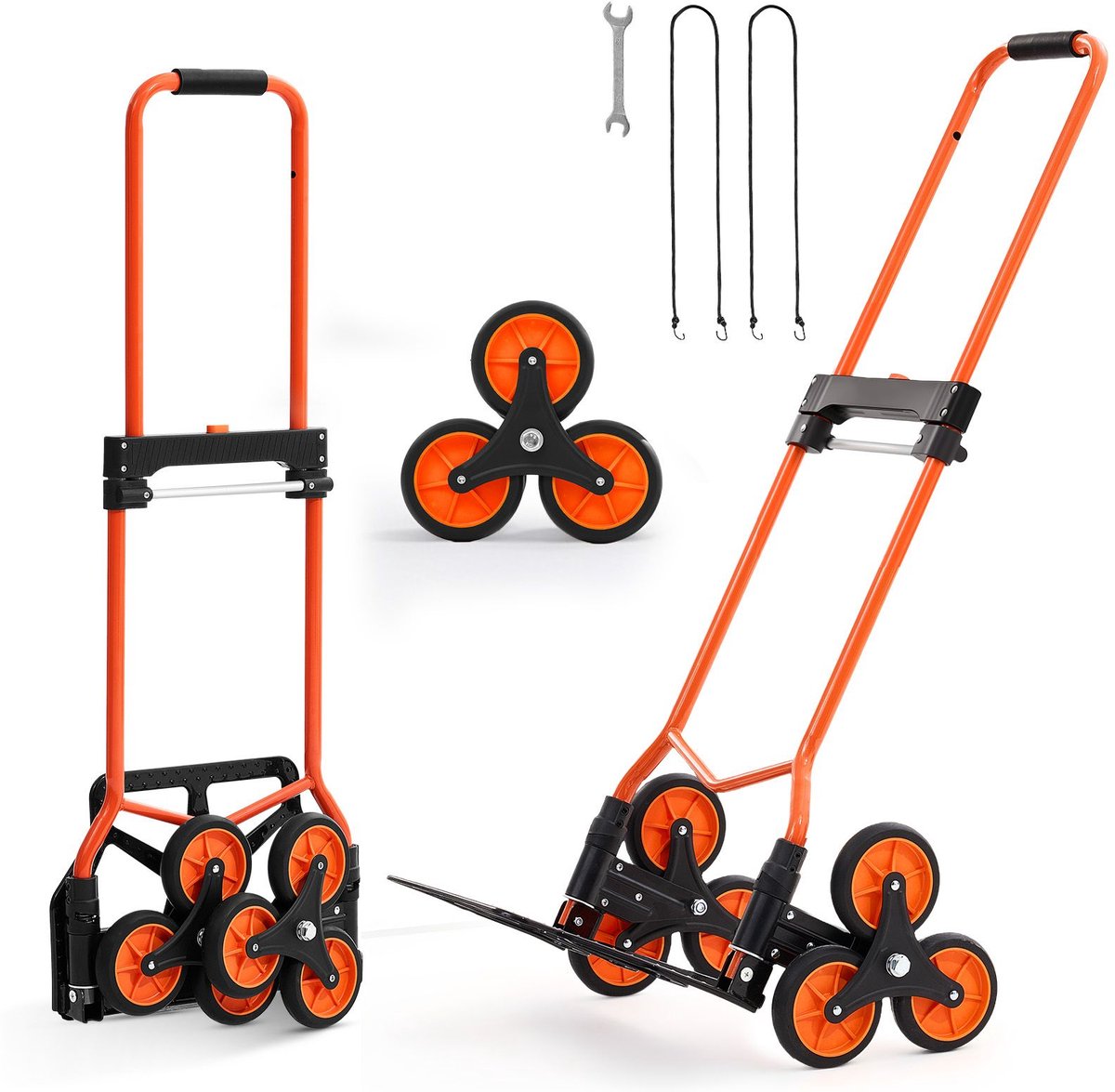 Trapklimwagen, 54 kg draagvermogen, draagbare opvouwbare trolley met telescopische handgreep, 6 wielen en 2 elastische koorden, trapklimwagen voor thuis, boodschappen, magazijn