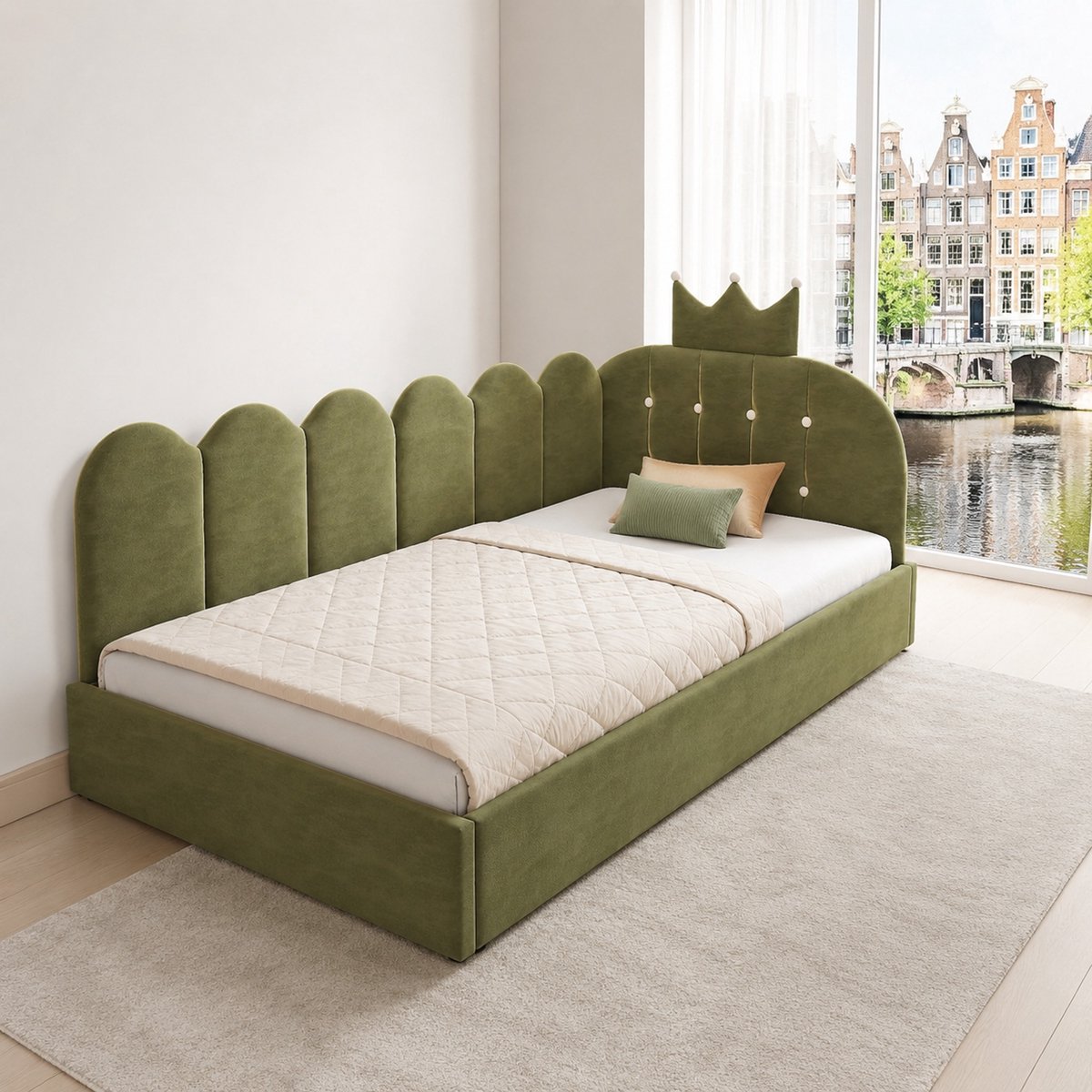 WUVRIE Bedbank 90x200 cm met uitschuifbed 90x190 cm, groen fluweel voor kinder- of logeerkamer