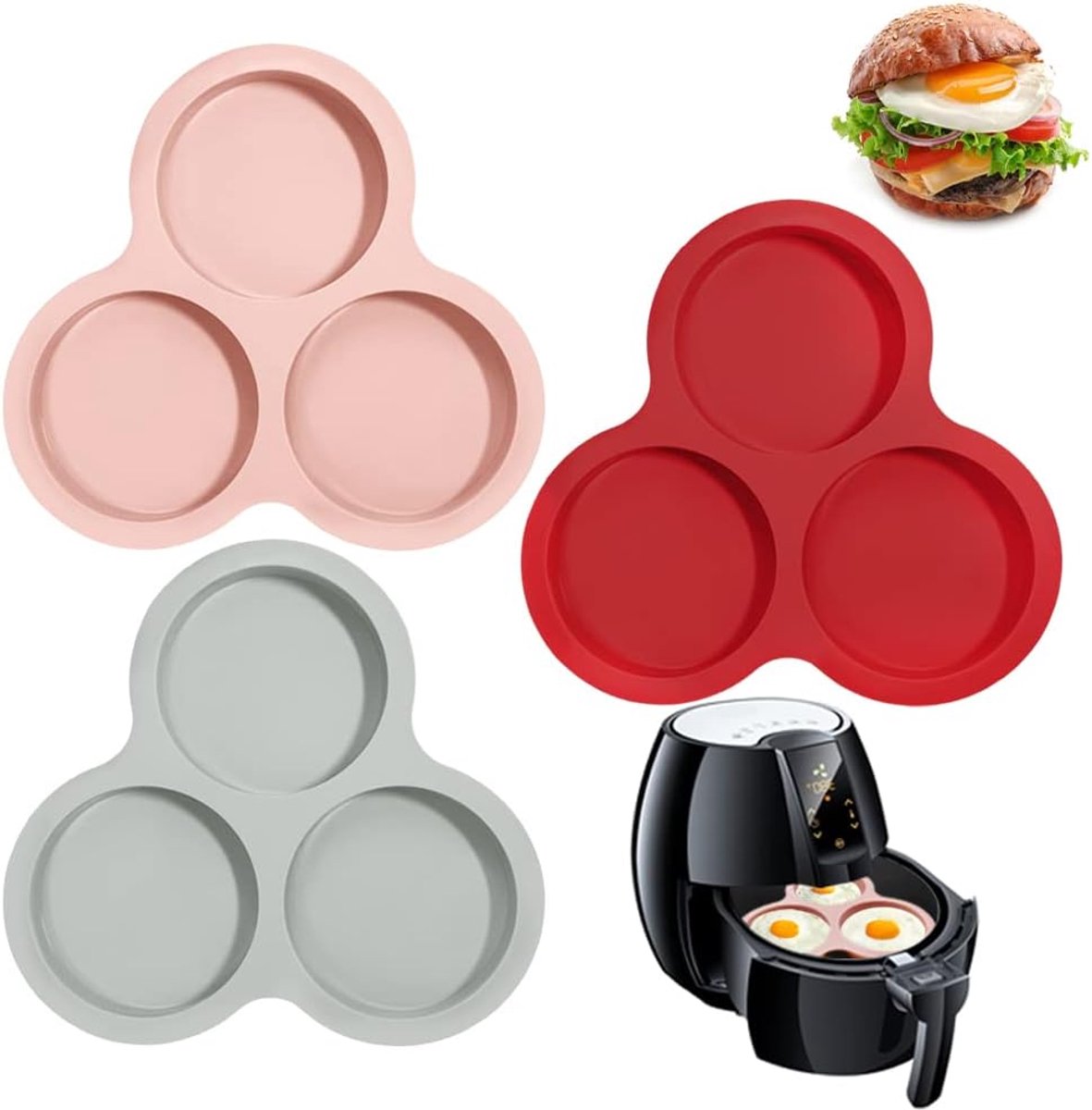 3 stuks siliconen luchtfriteuse eivorm, AIFUDA anti-aanbak luchtfriteuse bakpan air fryer accessoires met 3 holtes voor heteluchtfriteuses boven 6QT