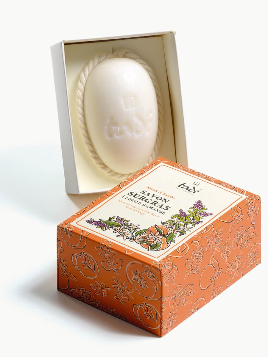 Amandelzeep met zoete Neroli en Basilicum aan koord Tade 200 gr zeep