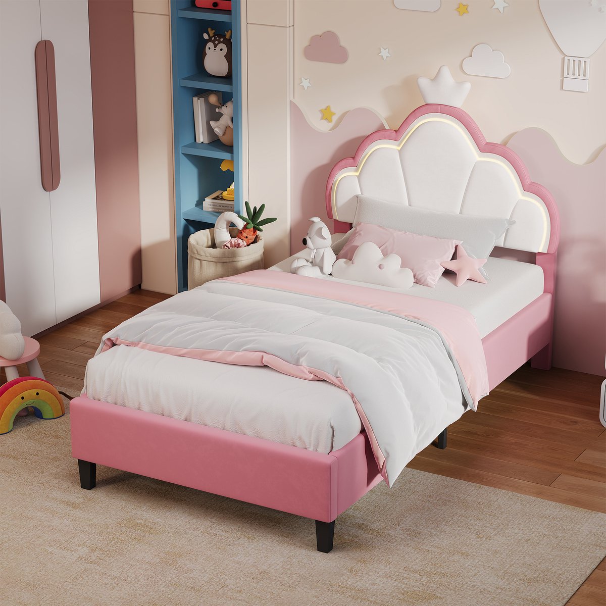Yelenaro kinderbed 90x190 cm, Gestoffeerd bed met LED, eenpersoonsbed voor meisjes, tienerbed met in hoogte verstelbaar hoofdeinde in de vorm van een kroon, prinsessenbed van fluweel, roze, zonder matras
