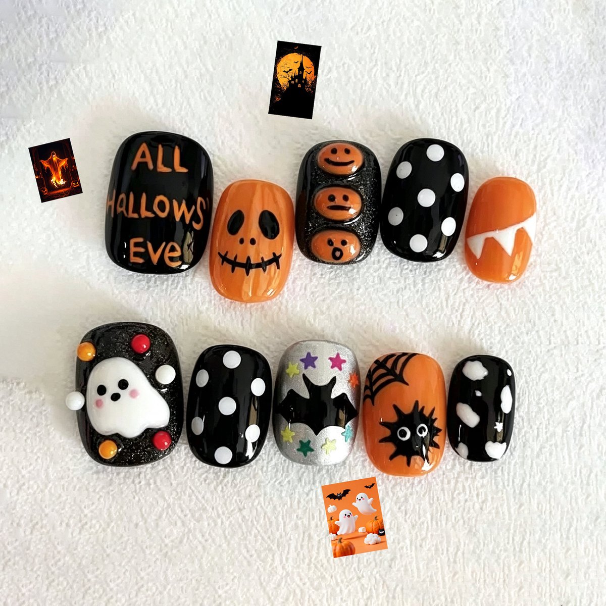 Halloween Druknagels‑24 stuks, kort ovaal, 3D pompoen‑geest spin print, valse nagels voor halloween feest