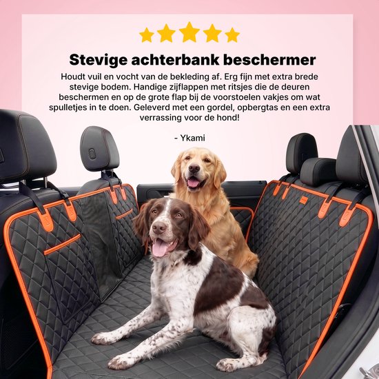 Deux chiens, un Golden Retriever et un chien brun et blanc à poils longs, assis sur une couverture pour chien noire avec bordure orange dans une voiture.