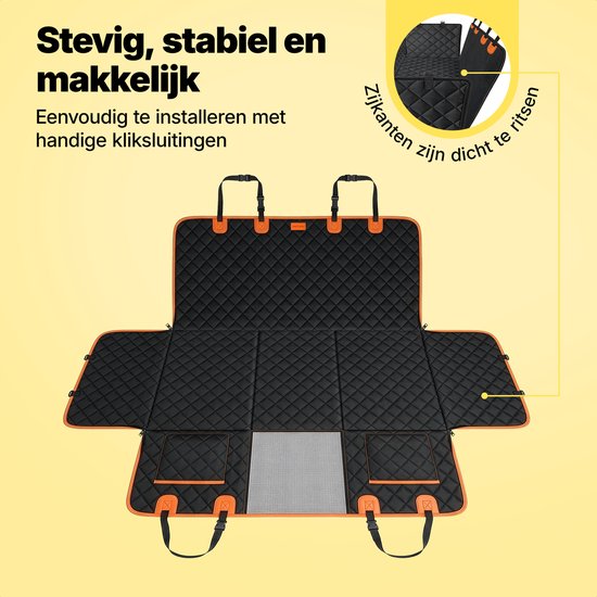 Couverture pour chien noire dépliée avec bordure orange, mettant l'accent sur les côtés zippés. Dimensions montrées avec des lignes pointillées.