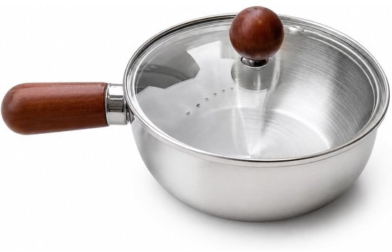 Steelpan RVS - Kleine Kookpan met Deksel - 600 ml - Ramenpan - Melkpan - Soeppan voor 1 Persoon - Houten Handgreep - Geschikt voor Inductie, Gas, Elektrisch en Keramisch - Ø 14 cm