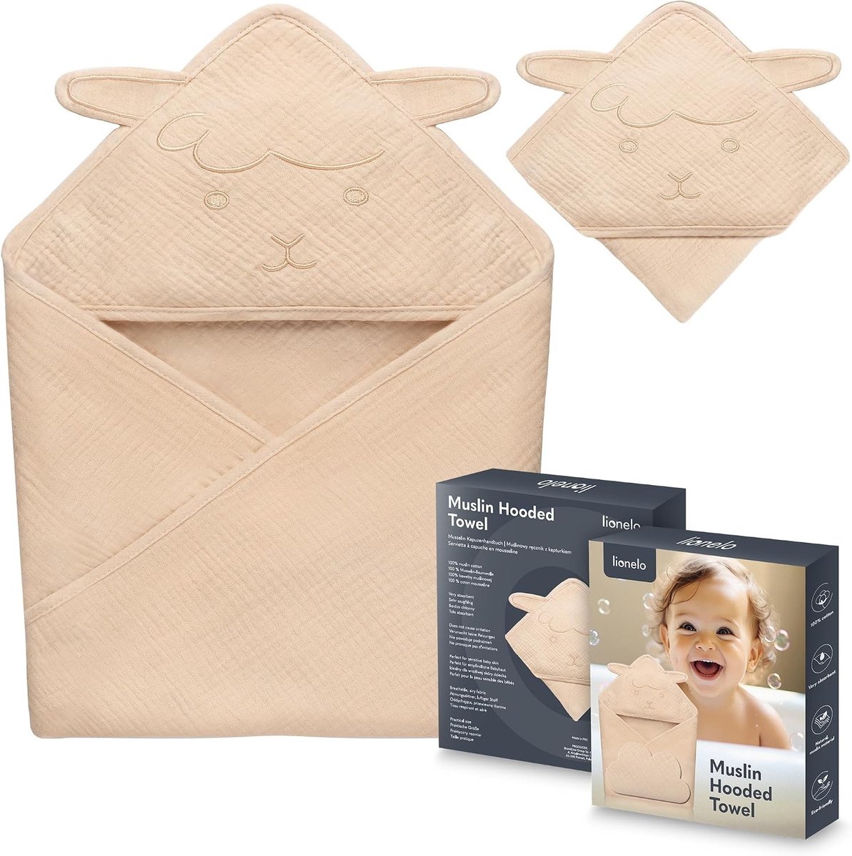Badcape baby - Beige - 80x80 cm - 100% Katoenmuslin - Voor pasgeborenen en peuters