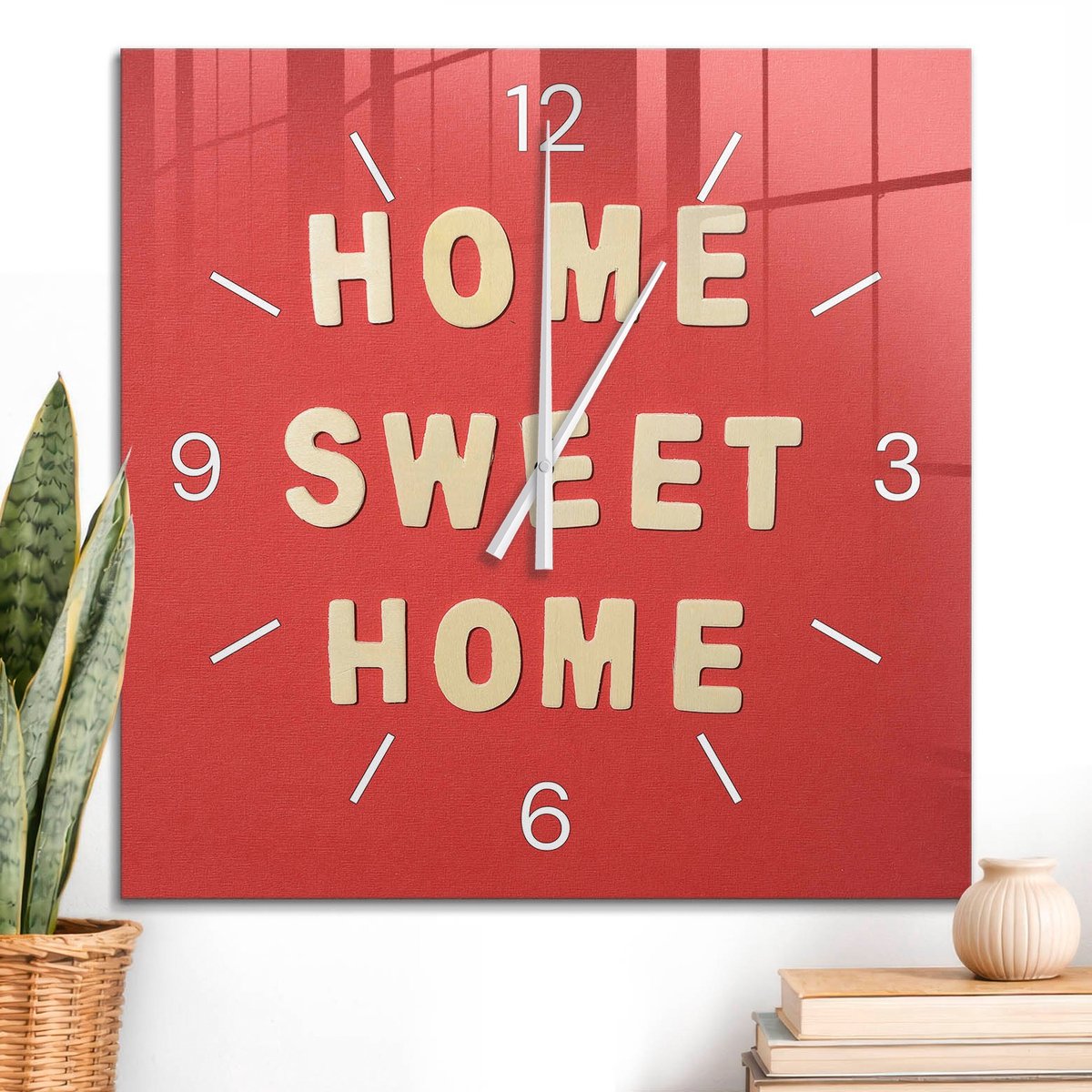 ArtPrintCave Rood Glazen Klok - 60x60 cm - Wandklok Vierkant - Huiselijke Warmte Stille Wandklok - Achtergronden En Patronen Wandklok Keuken - Witte Klokwijzers