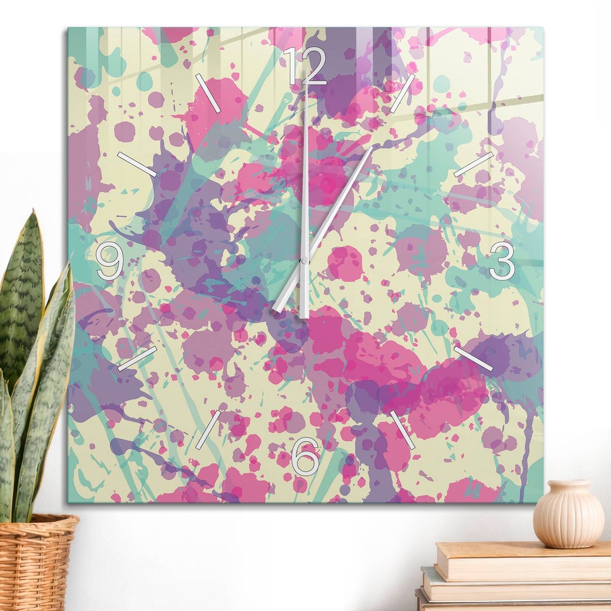 ArtPrintCave Roze Glazen Klok - 60x60 cm - Wandklok Vierkant - Kleurenexplosie Unieke Klok - Achtergronden En Patronen Stille Wandklok - Witte Klokwijzers