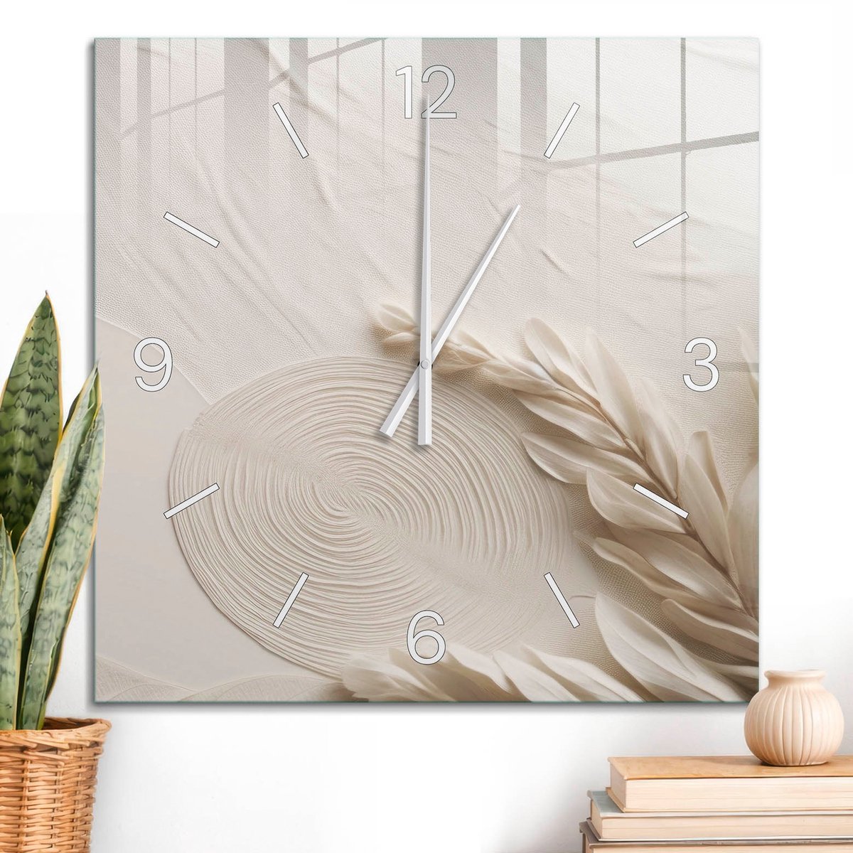 ArtPrintCave Beige Glazen Klok - 60x60 cm - Wandklok Vierkant - Organische Elegantie Unieke Klok - Texturen Stille Wandklok - Witte Klokwijzers