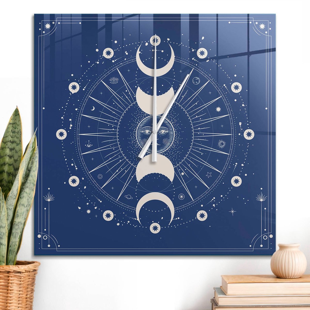 ArtPrintCave Marine Glazen Klok - 60x60 cm - Wandklok Vierkant - Maanfasen Unieke Klok - Kunst Stille Wandklok - Witte Klokwijzers