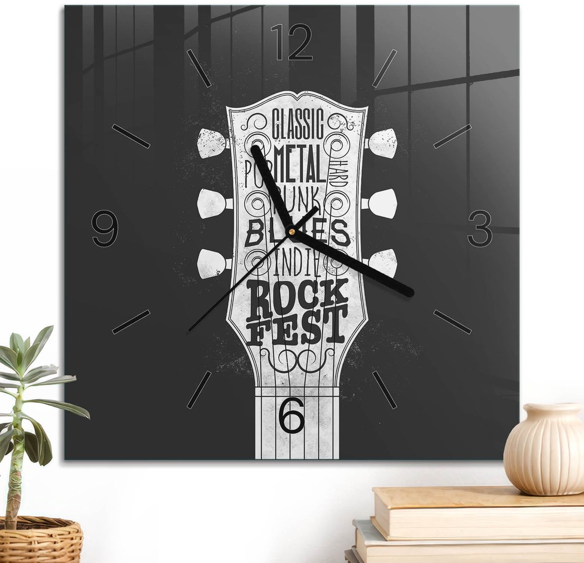 ArtPrintCave Zwart Glazen Klok - 30x30 cm - Wandklok Vierkant - Muziekgitaar Stille Wandklok - Texturen Wandklok Keuken - Zwarte Klokwijzers