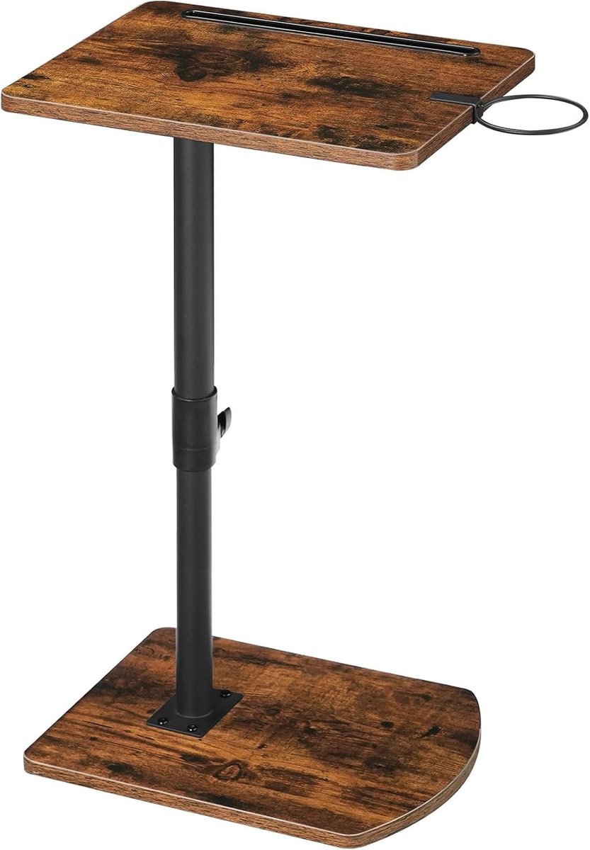 Vellaro Bijzettafel verstelbaar - Vintage Bruin en Zwart - 45,5-78 cm - Met Metalen Frame en Bekerhouder - Voor Woonkamer en Slaapkamer Vintage Bruin + Zwart