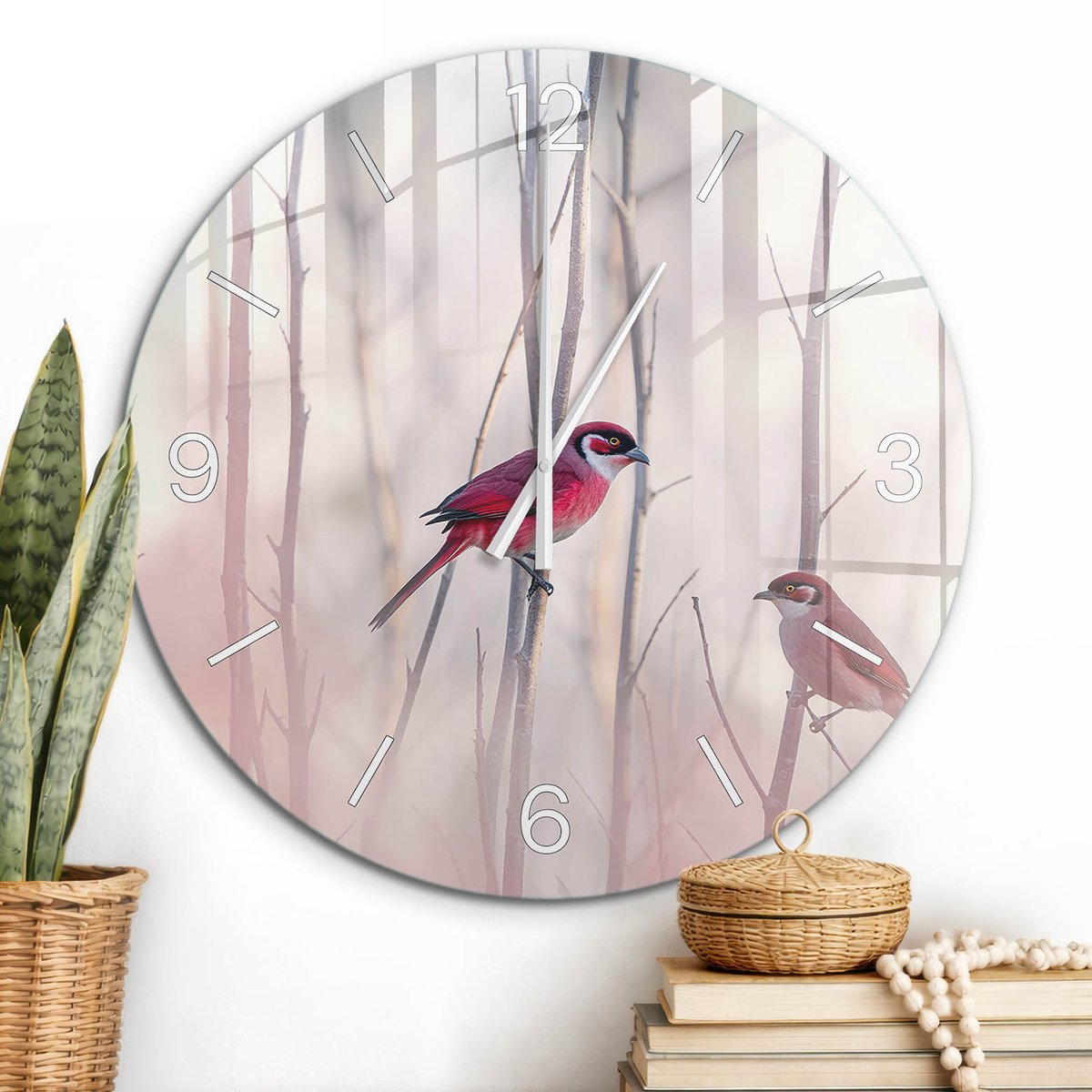 ArtPrintCave Roze Glazen Klok - Wandklok 60 cm - Muurklok Rond - Pastelkleurige Vogels Wandklok Keuken - Dieren Unieke Klok - Witte Klokwijzers