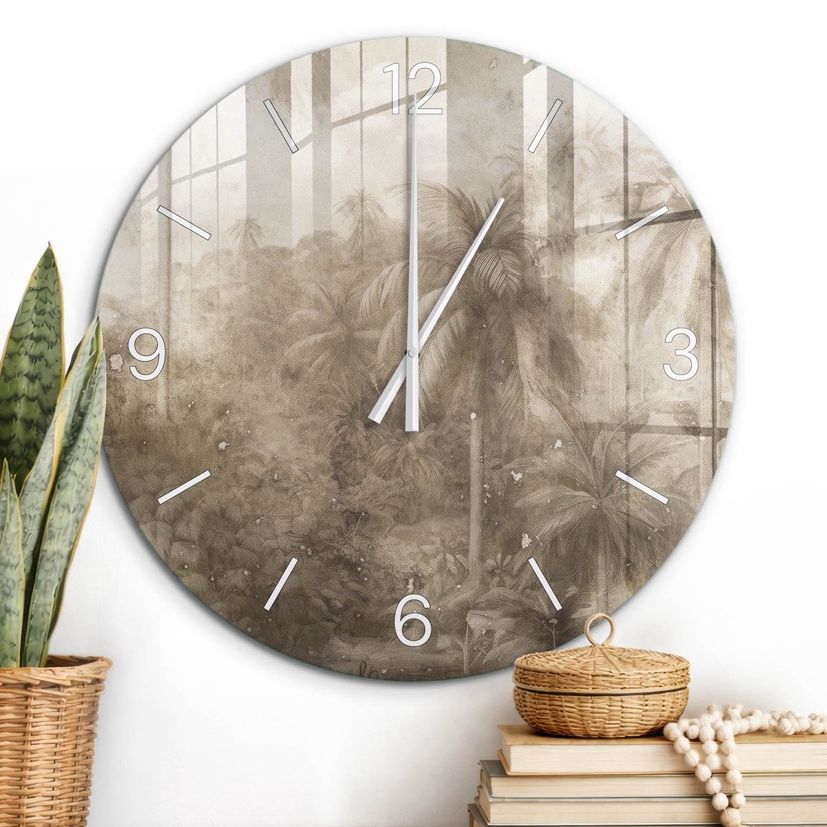 ArtPrintCave Beige Glazen Klok - Wandklok 60 cm - Muurklok Rond - Tropisch Landschap Unieke Klok - Achtergronden En Patronen Stille Wandklok - Witte Klokwijzers