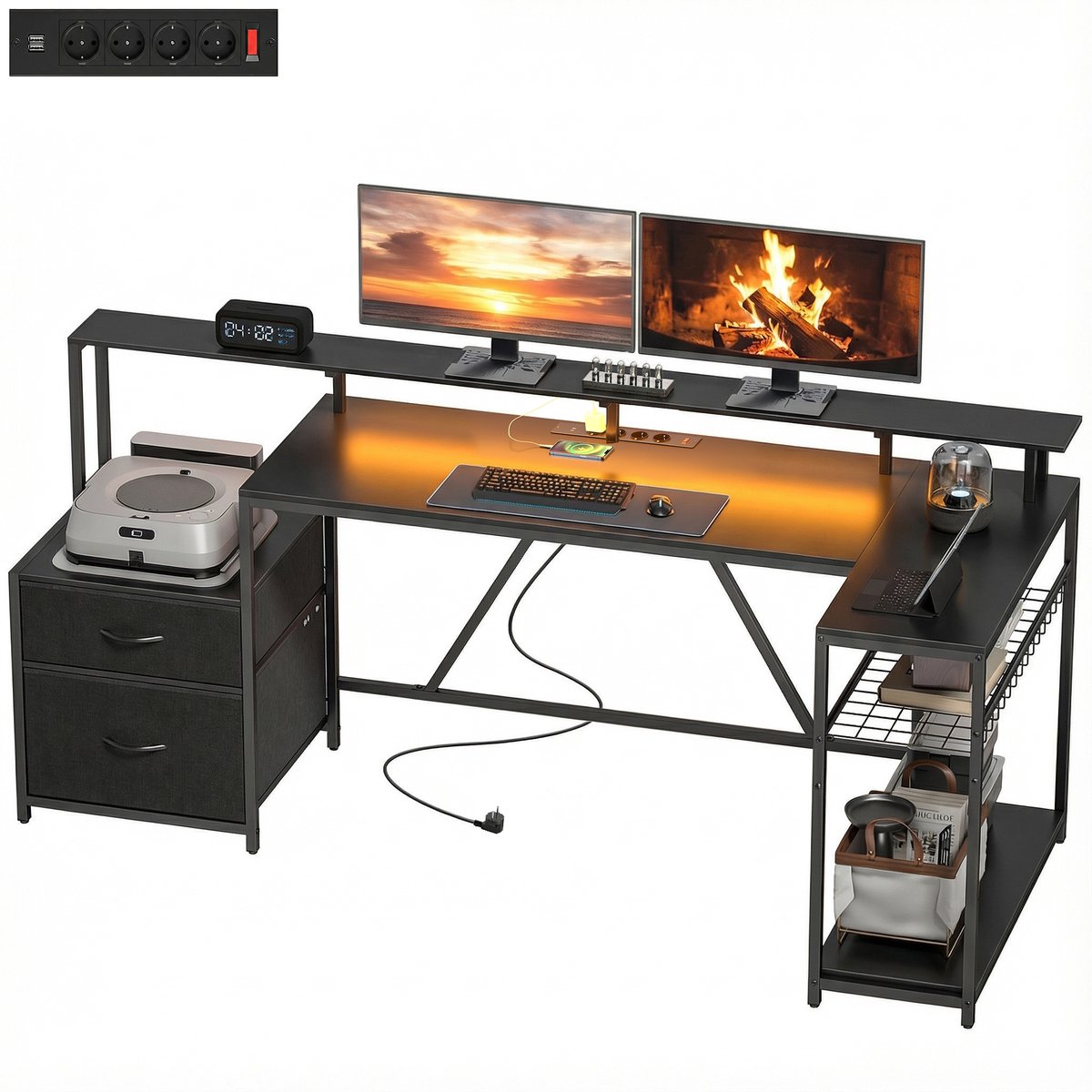 L-vormig gaming bureau met led verlichting - Inclusief lades, stopcontact en opbergruimte - Voor werken en gamen - Hoekmodel 192,5x80x86,5 cm - Zwart