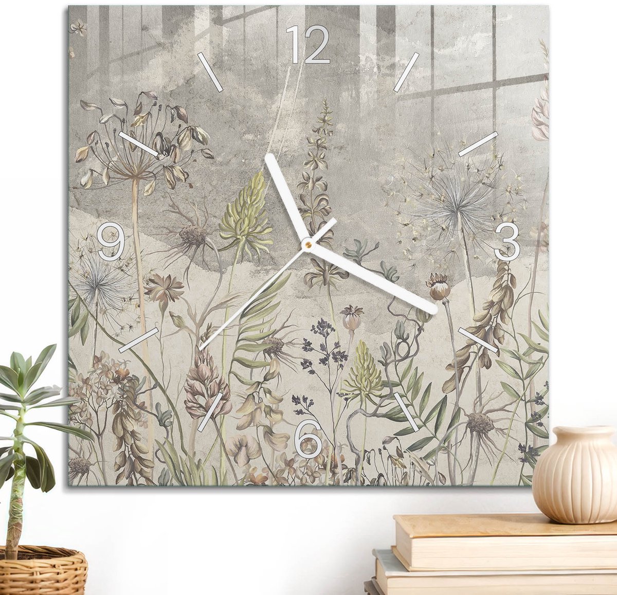 ArtPrintCave Grijs Glazen Klok - 30x30 cm - Wandklok Vierkant - Bloemenweide Stille Wandklok - Natuur Wandklok Keuken - Witte Klokwijzers
