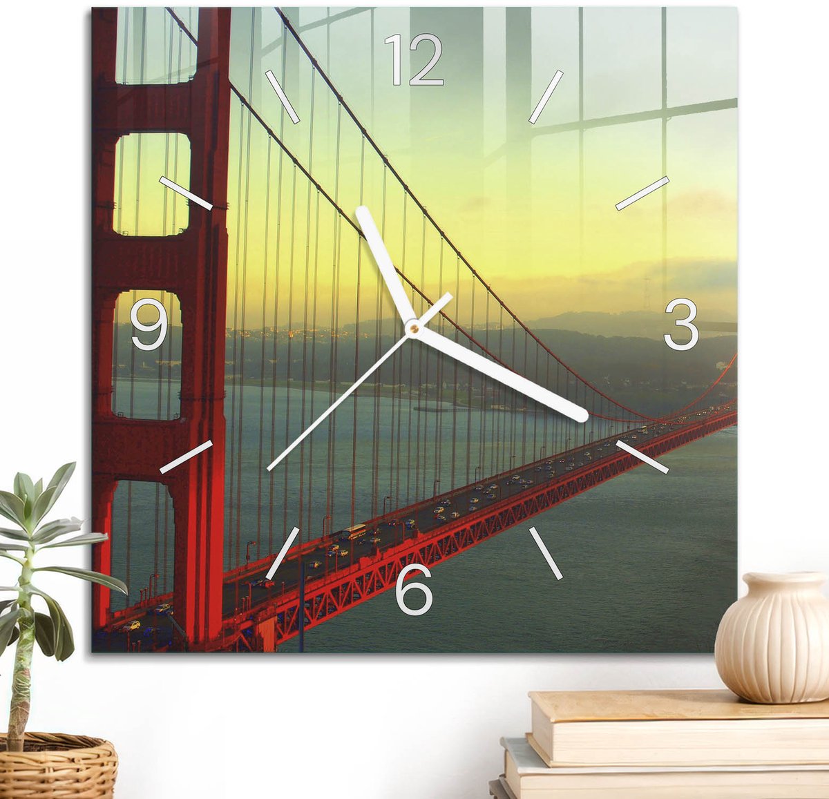 ArtPrintCave Oranje Glazen Klok - 30x30 cm - Wandklok Vierkant - Westbrug Wandklok Keuken - Landschappen Unieke Klok - Witte Klokwijzers
